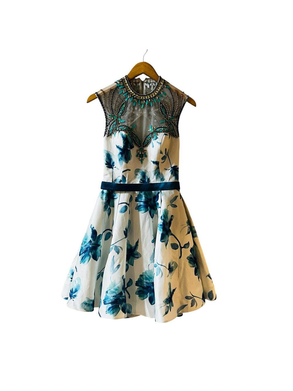Sample Beaded Floral Sleeveless Flare Dress Size 2 Blue NWT